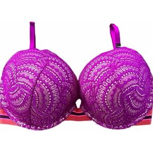 Victorias Secret Very Sexy Push Up Bra 32D Magenta Pink Lace Striped Band Mesh